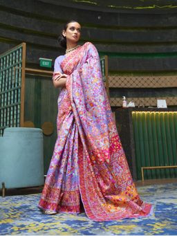 Odette - Purple Paisley Silk Blend Printed Saree with Unstitched Blouse for Women