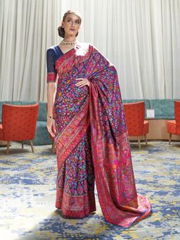 Odette - Navy Blue Floral Printed Silk Blend Printed Saree with Unstitched Blouse for Women