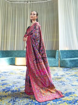 Odette - Black Floral Printed Silk Blend Printed Saree with Unstitched Blouse for Women