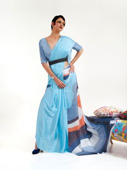 Odette - Light Blue Soft Creep Printed Saree with Unstitched Blouse for Women