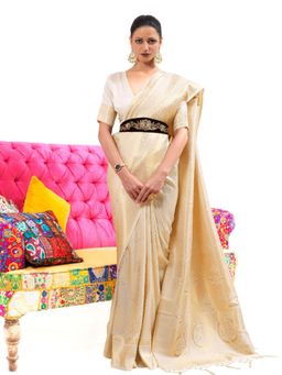 Odette - Cream Woven Design Silk Blend Handloom Saree with Unstitched Blouse for Women
