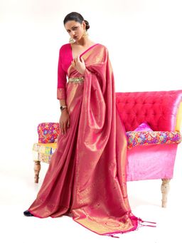 Odette - Pink Woven Design Silk Blend Handloom Saree with Unstitched Blouse for Women