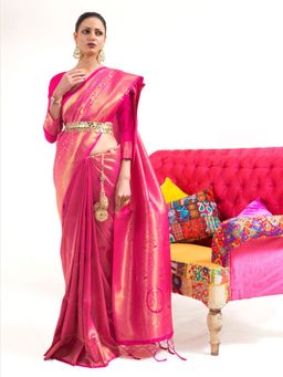 Odette - Pink Woven Design Silk Blend Handloom Saree with Unstitched Blouse for Women