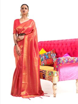 Odette - Red Woven Design Silk Blend Handloom Saree with Unstitched Blouse for Women