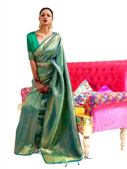 Odette - Green Woven Design Silk Blend Handloom Saree with Unstitched Blouse for Women