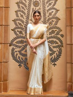 Odette - White Woven Design Silk Blend Handloom Saree with Unstitched Blouse for Women