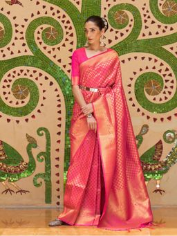 Odette - Pink Woven Design Silk Blend Handloom Saree with Unstitched Blouse for Women