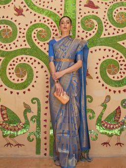 Odette - Blue Woven Design Silk Blend Handloom Saree with Unstitched Blouse for Women