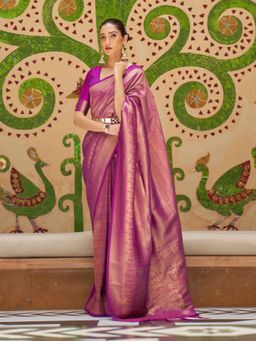 Odette - Purple Woven Design Silk Blend Handloom Saree with Unstitched Blouse for Women