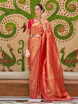 Odette - Red Woven Design Silk Blend Handloom Saree with Unstitched Blouse for Women
