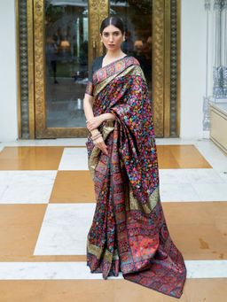 Odette - Black Paisley Silk Blend Printed Saree with Unstitched Blouse for Women