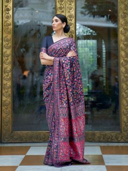 Odette - Navy Blue Floral Printed Silk Blend Printed Saree with Unstitched Blouse for Women