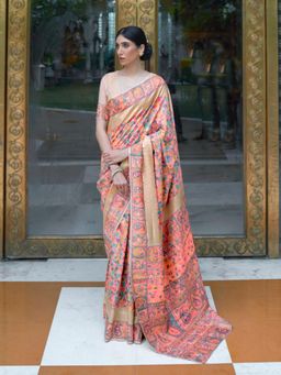 Odette - Peach Paisley Printed Silk Blend Printed Saree with Unstitched Blouse for Women