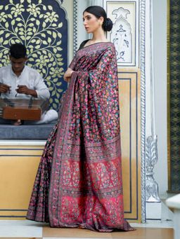 Odette - Black Floral Silk Blend Printed Saree with Unstitched Blouse for Women