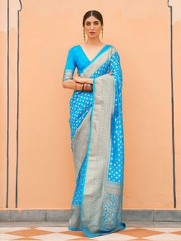 Odette - Blue Printed Silk Blend Printed Saree with Unstitched Blouse for Women