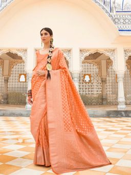 Odette - Orange Silk Blend Handloom Saree with Unstitched Blouse for Women