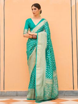 Odette - Sea Green Silk Blend Handloom Saree with Unstitched Blouse for Women