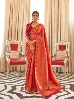 Odette - Red Woven Design Silk Blend Handloom Saree with Unstitched Blouse for Women