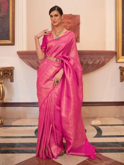 Odette - Pink Woven Design Silk Blend Handloom Saree with Unstitched Blouse for Women