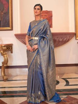 Odette - Blue Woven Design Silk Blend Handloom Saree with Unstitched Blouse for Women
