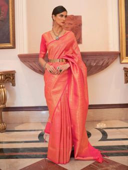 Odette - Pink Woven Design Silk Blend Handloom Saree with Unstitched Blouse for Women