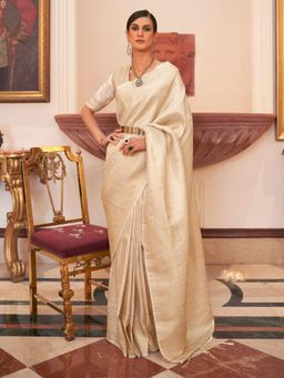 Odette - Cream Woven Design Silk Blend Handloom Saree with Unstitched Blouse for Women