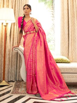 Odette - Pink Woven Design Silk Blend Handloom Saree with Unstitched Blouse for Women