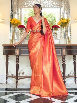 Odette - Orange Woven Design Silk Blend Handloom Saree with Unstitched Blouse for Women