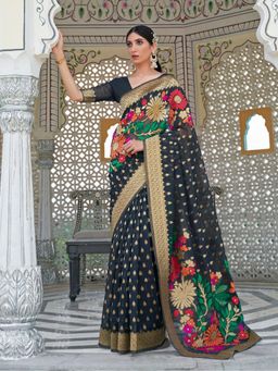 Odette - Black Woven Design Linen Handloom Saree with Unstitched Blouse for Women