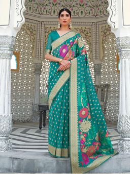 Odette - Sea Green Woven Design Linen Handloom Saree with Unstitched Blouse for Women
