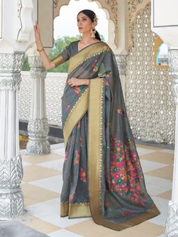 Odette - Black Woven Design Linen Handloom Saree with Unstitched Blouse for Women