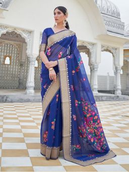 Odette - Blue Woven Design Linen Handloom Saree with Unstitched Blouse for Women