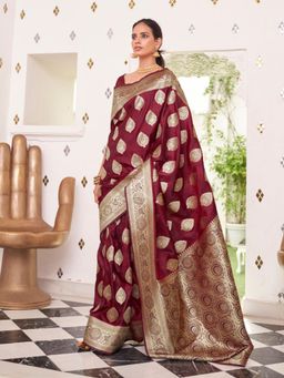 Odette - Maroon Woven Design Satin Handloom Saree with Unstitched Blouse for Women