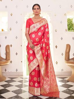 Odette - Red Woven Design Satin Handloom Saree with Unstitched Blouse for Women