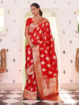 Odette - Red Woven Design Satin Handloom Saree with Unstitched Blouse for Women