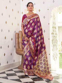 Odette - Purple Woven Design Satin Handloom Saree with Unstitched Blouse for Women