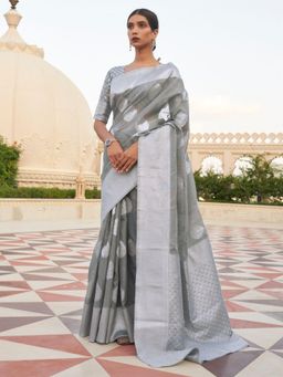 Odette - Grey Woven Design Linen Handloom Saree with Unstitched Blouse for Women