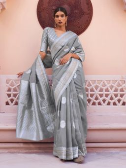 Odette - Grey Woven Design Linen Handloom Saree with Unstitched Blouse for Women