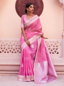 Odette - Pink Woven Design Linen Handloom Saree with Unstitched Blouse for Women