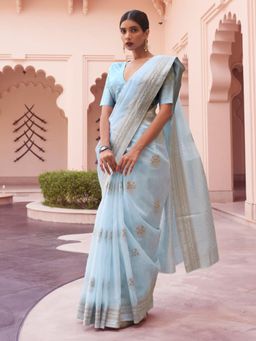 Odette - Blue Woven Design Linen Handloom Saree with Unstitched Blouse for Women