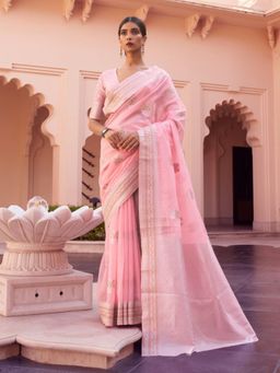 Odette - Pink Woven Design Linen Handloom Saree with Unstitched Blouse for Women