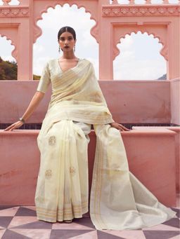 Odette - Cream Woven Design Linen Handloom Saree with Unstitched Blouse for Women