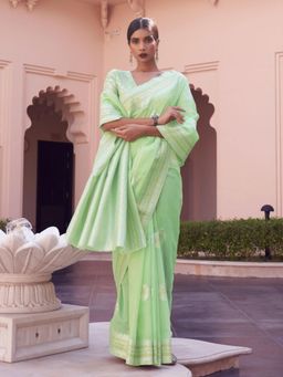 Odette - Light Green Woven Design Linen Handloom Saree with Unstitched Blouse for Women