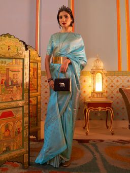 Odette - Blue Woven Design Silk Blend Handloom Saree with Unstitched Blouse for Women