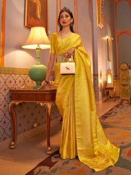 Odette - Yellow Woven Design Silk Blend Handloom Saree with Unstitched Blouse for Women