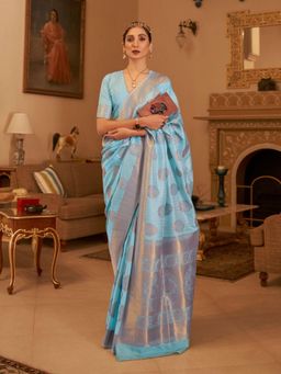 Odette - Blue Woven Design Silk Blend Handloom Saree with Unstitched Blouse for Women