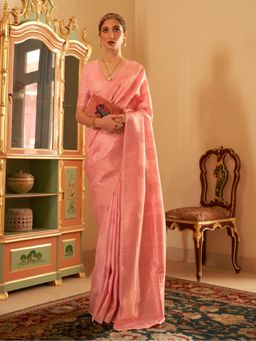 Odette - Peach Woven Design Silk Blend Handloom Saree with Unstitched Blouse for Women