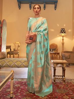 Odette - Sea Green Woven Design Silk Blend Handloom Saree with Unstitched Blouse for Women
