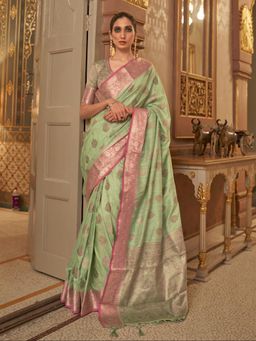 Odette - Light Green Woven Design Silk Blend Handloom Saree with Unstitched Blouse for Women