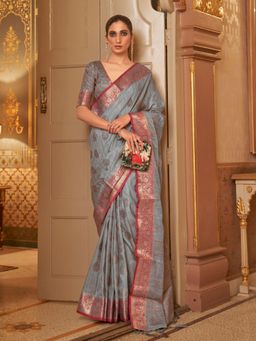 Odette - Grey Woven Design Silk Blend Handloom Saree with Unstitched Blouse for Women